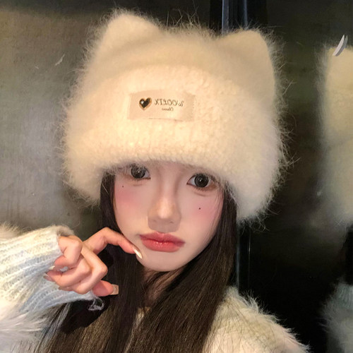 可爱猫耳朵毛绒针织帽女显脸小