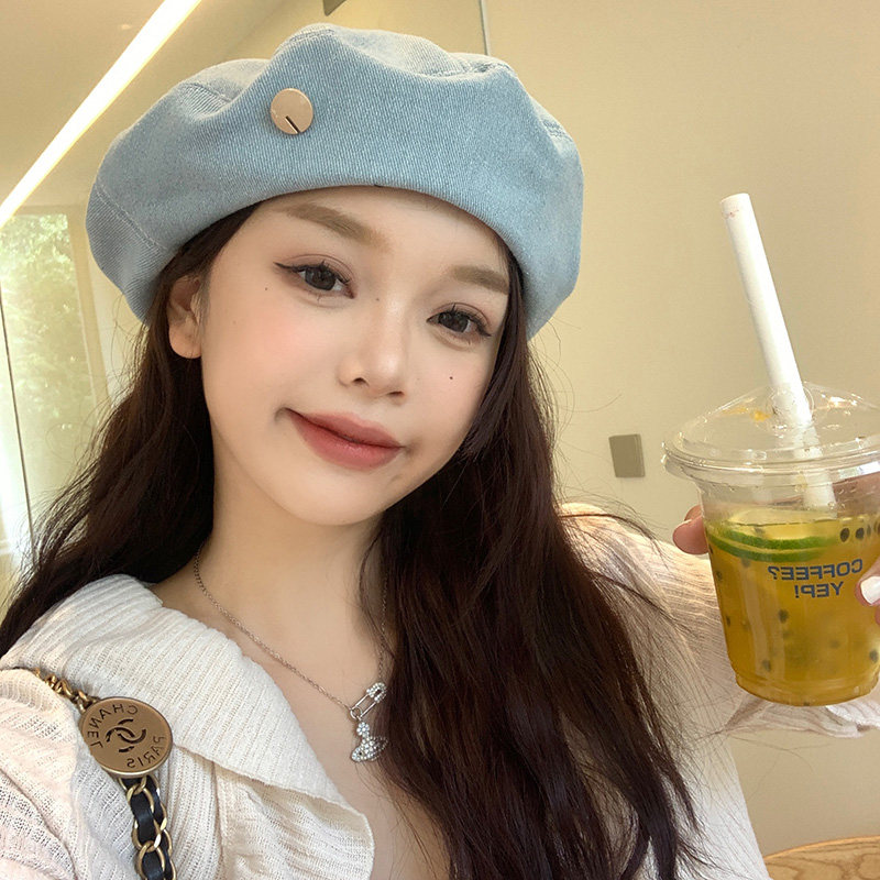 牛仔贝雷帽女春秋款韩版百搭显脸小画家帽网红日系大头围蓓蕾帽子