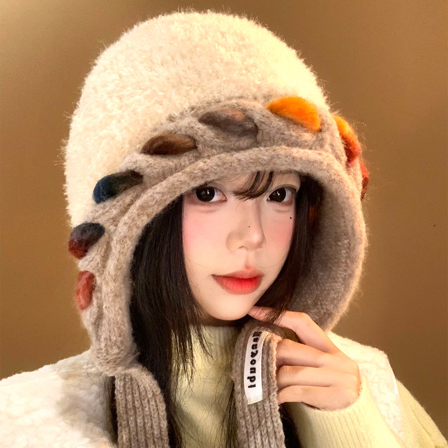 彩色绑带毛绒针织帽女秋冬显脸小毛线帽加厚保暖防寒护耳包头帽子,服饰配件/皮带/帽子/围巾,帽子,淘宝优惠券,粉丝福利购,淘宝优惠卷