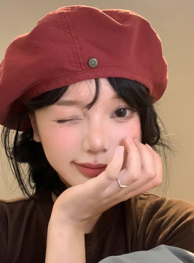 复古红色牛仔贝雷帽女韩版百搭蓓蕾画家帽薄款显脸小帽子2025新款