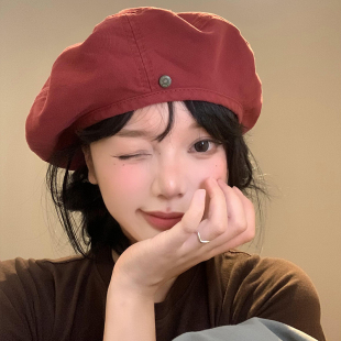 显脸小帽子2025新款 复古红色牛仔贝雷帽女韩版 百搭蓓蕾画家帽薄款