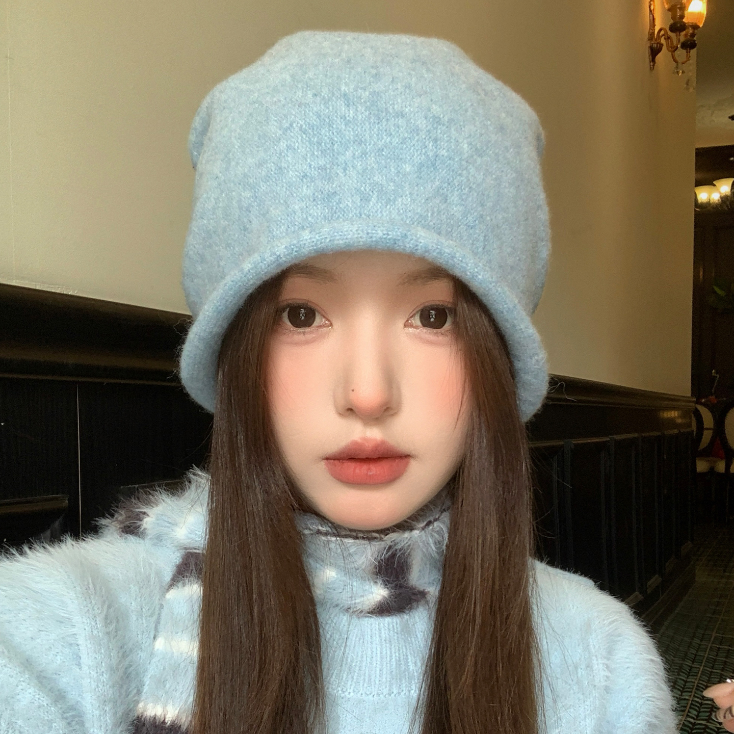 蓝色卷边针织冷帽女秋冬韩版百搭