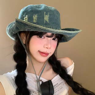 登山帽女日系显脸小遮阳防晒渔夫帽大头围户外大帽檐西部牛仔帽子