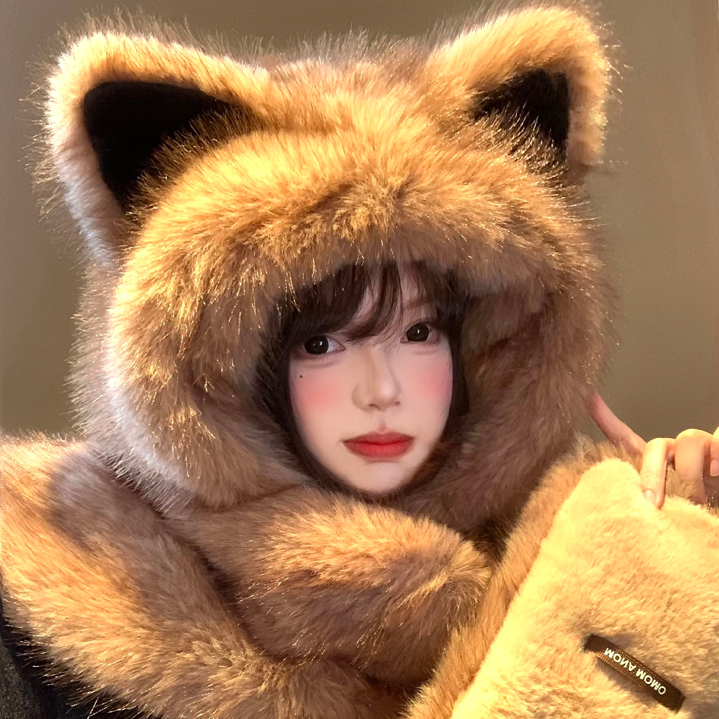 狐狸耳朵毛绒帽子围巾手套三件套