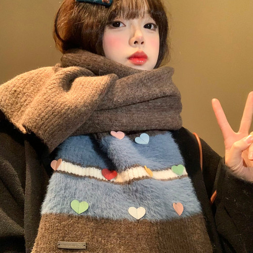 爱心拼色针织围巾女冬季韩系氛围