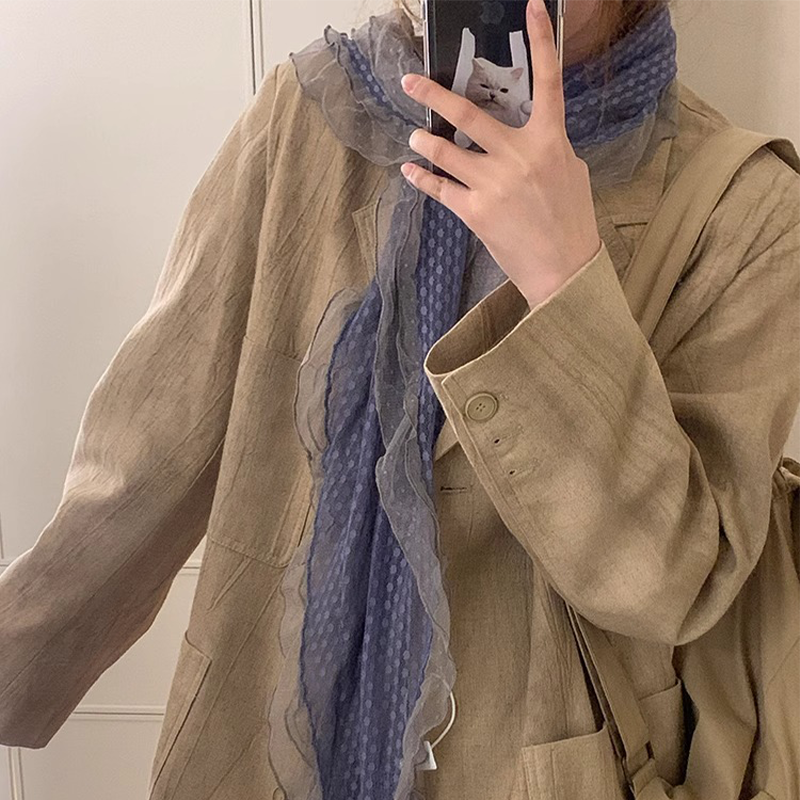 藤井树同款古早灰蓝色蕾丝边丝巾