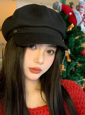 秋冬新款黑色英伦风贝雷帽女冬季韩版百搭八角帽大头围显脸0905z
