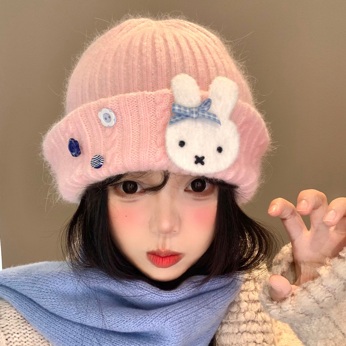 可爱小兔子粉色针织帽甜美显脸小