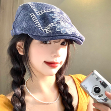 个性花朵刺绣牛仔前进帽女2025新款显脸小贝雷帽大头围鸭舌帽子潮