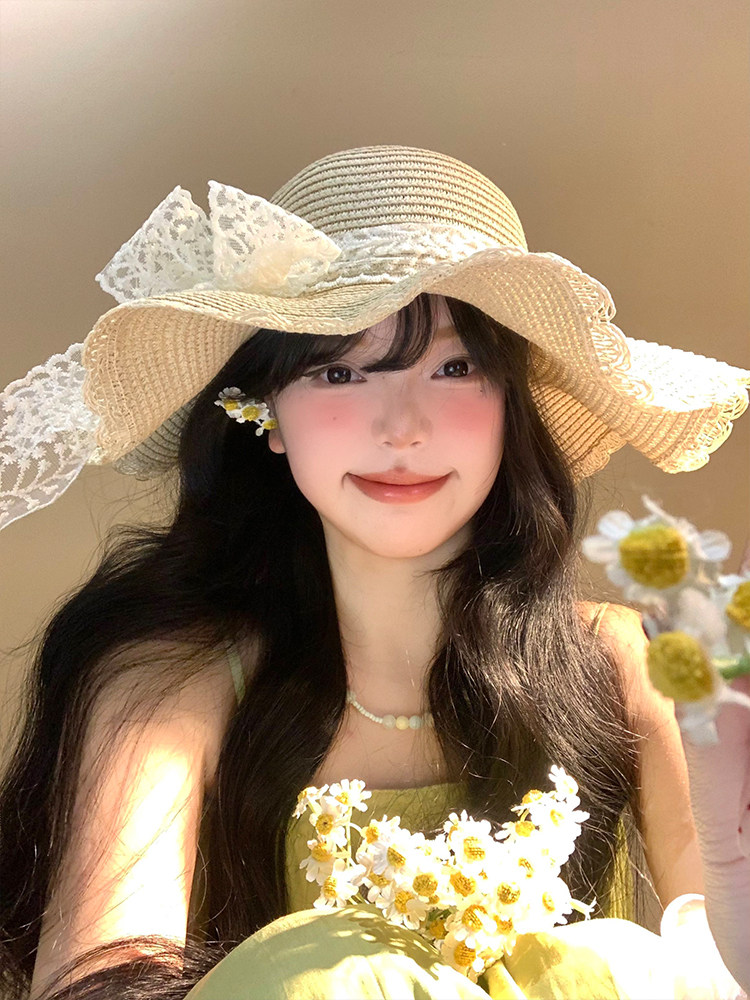 法式蕾丝蝴蝶结草帽女夏海边沙滩波浪边大帽檐太阳帽遮阳防晒帽子