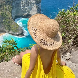 字母拉菲草帽女夏季 大帽檐遮阳防晒帽 海边沙滩度假风太阳帽子法式