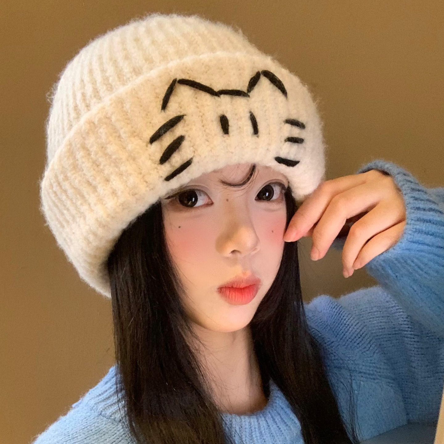 可爱猫咪毛线帽女秋冬韩版显脸小
