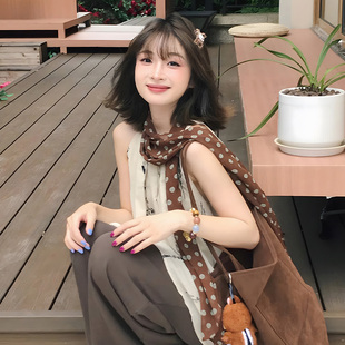 長條圍巾系脖子飄帶領巾法式 復古配飾頸飾 薄款 棕色波點絲巾女夏季