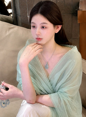 薄荷绿蕾丝棉麻防晒披肩女外搭