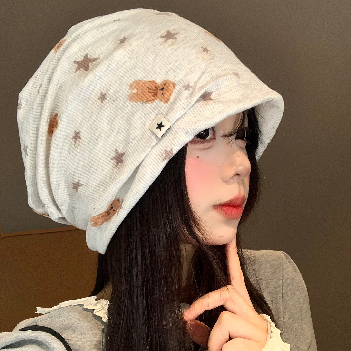 可爱小熊星星堆堆帽女春秋韩版百搭大头围包头帽显脸小宽松冷帽子