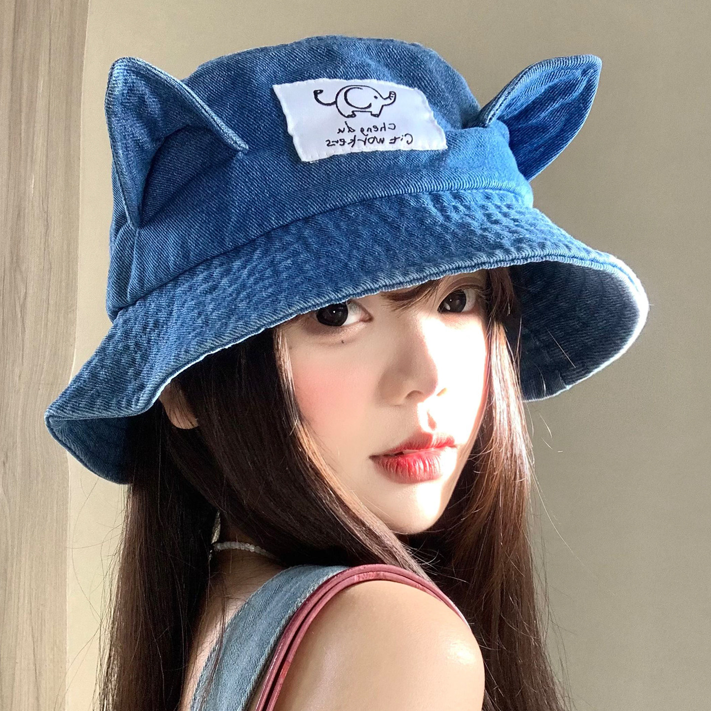 可爱猫耳朵牛仔渔夫帽女春夏季显脸小百搭水桶帽遮阳防晒盆帽子潮