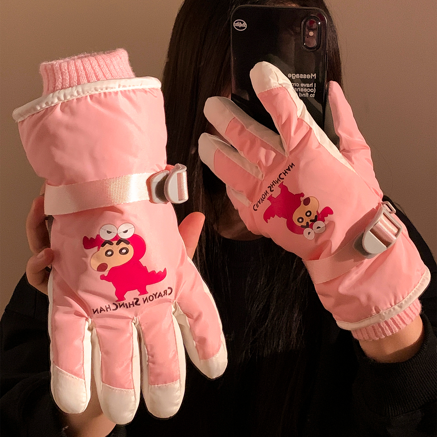 卡通可爱蜡笔小新滑雪手套女冬季