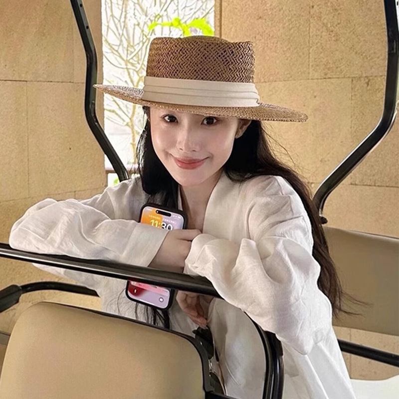 复古老钱风平顶草帽女夏海边度假