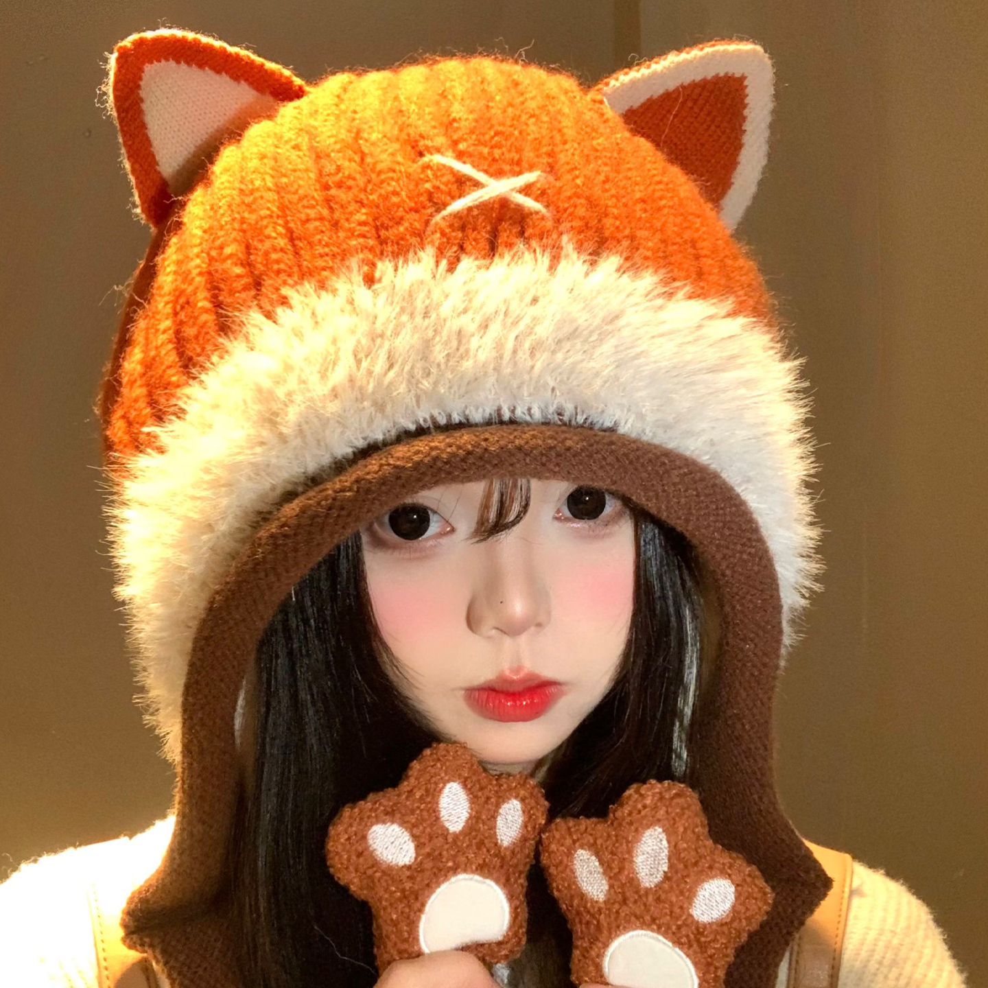 可爱狐狸耳朵毛绒针织帽女显脸小