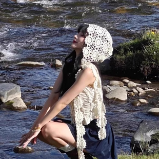 钩花蕾丝镂空帽子女民族风旅游穿搭拍照显脸小套头帽针织包头帽