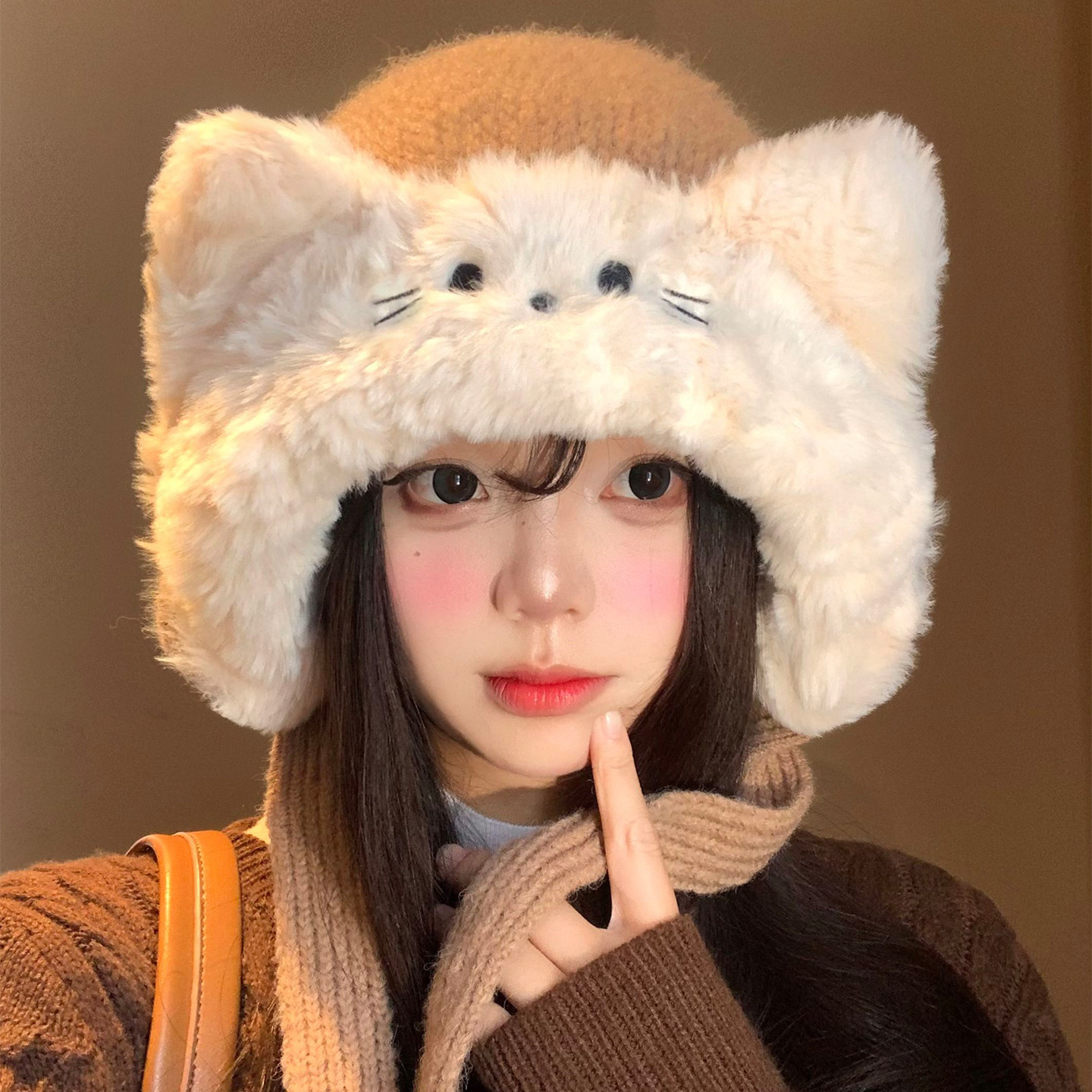 可爱猫咪耳朵护耳毛线帽女秋冬甜美显脸小毛绒针织帽保暖套头帽子