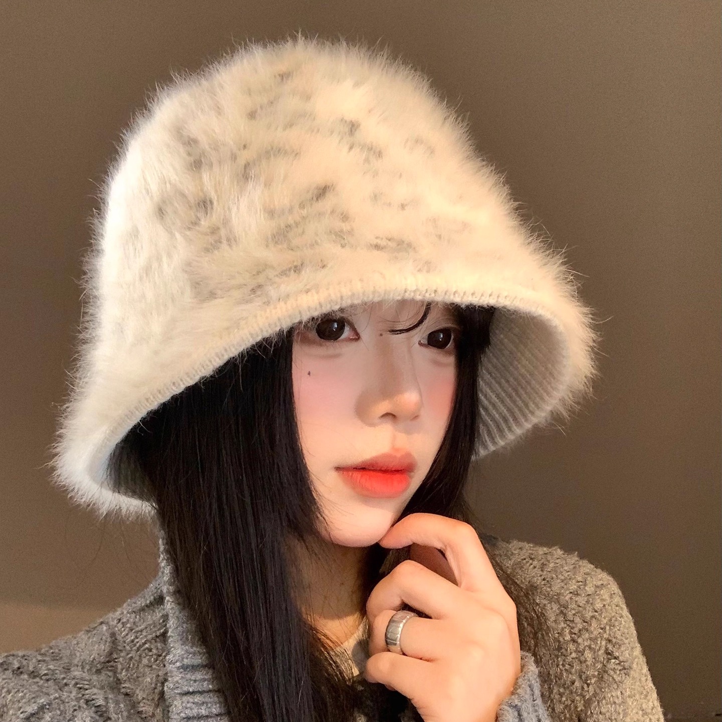 豹纹毛绒针织渔夫帽女秋冬季韩版显脸小保暖水桶帽大头围百搭帽子