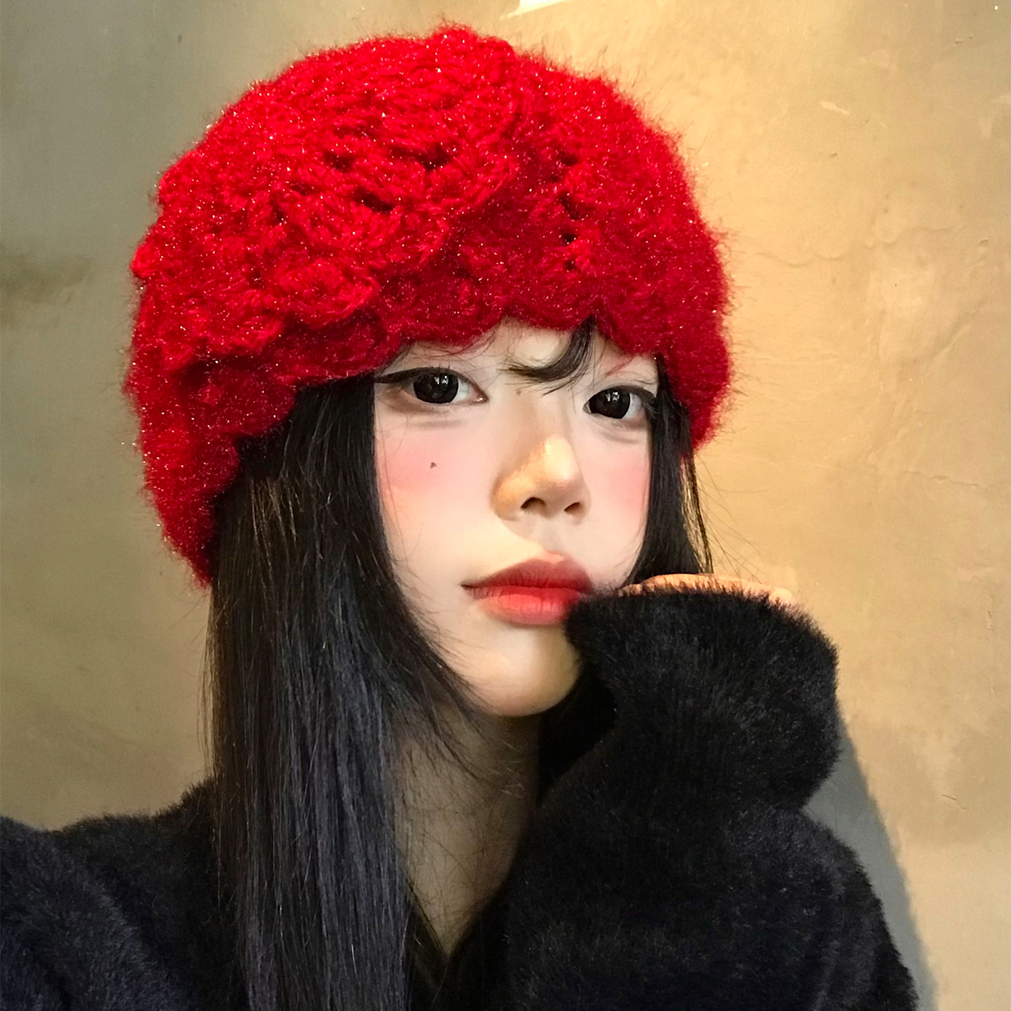 红色立体花朵手工钩针包头帽保暖