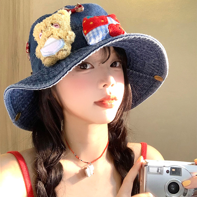 可爱小熊蝴蝶结牛仔渔夫帽女夏季大帽檐显脸小盆帽遮阳防晒帽子潮