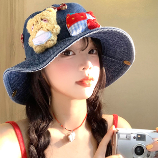 可爱小熊蝴蝶结牛仔渔夫帽女夏季 大帽檐显脸小盆帽遮阳防晒帽子潮