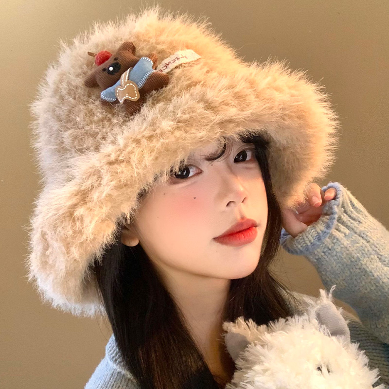 可爱小熊玩偶毛绒渔夫帽女秋冬