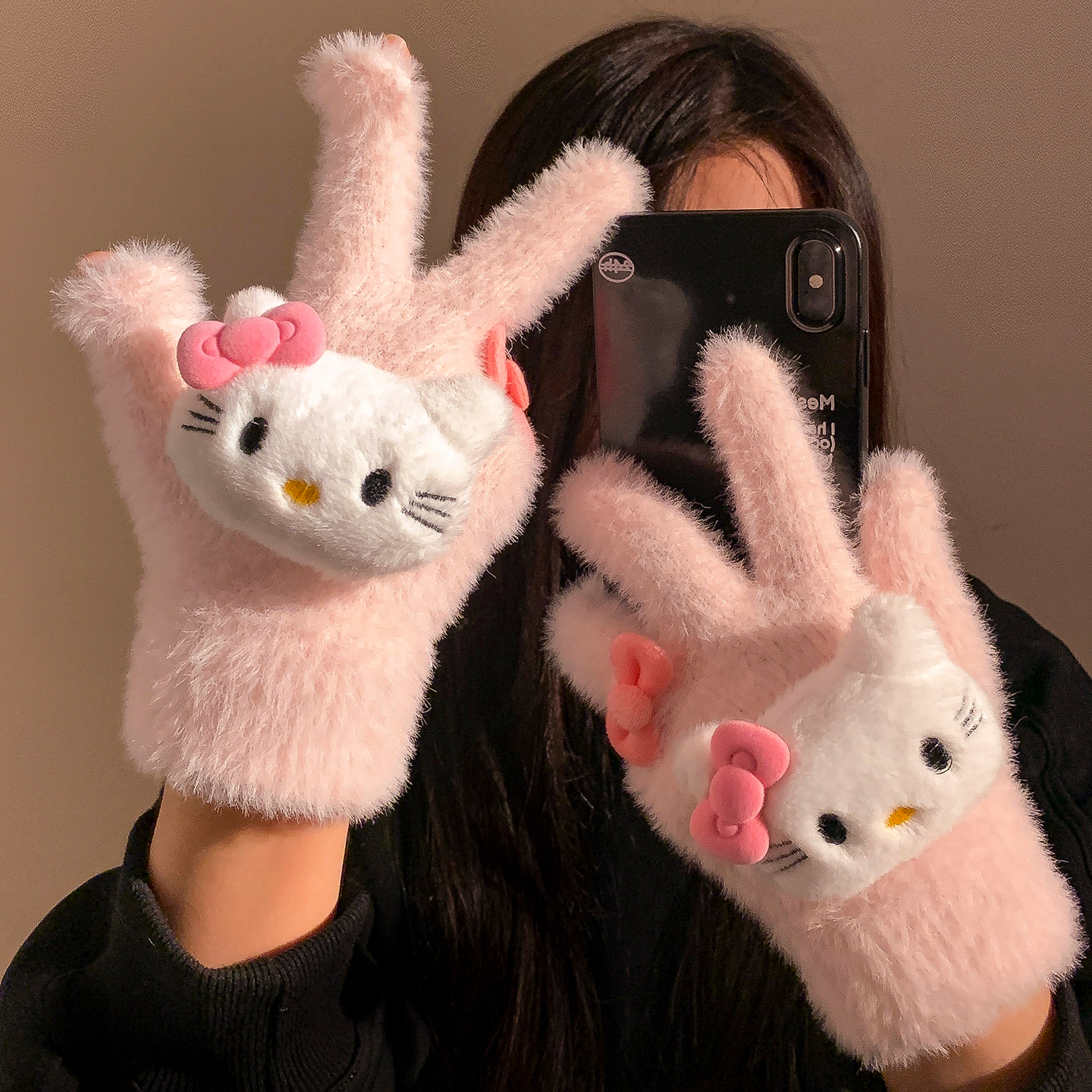 可爱粉色Kitty猫毛绒针织手套女