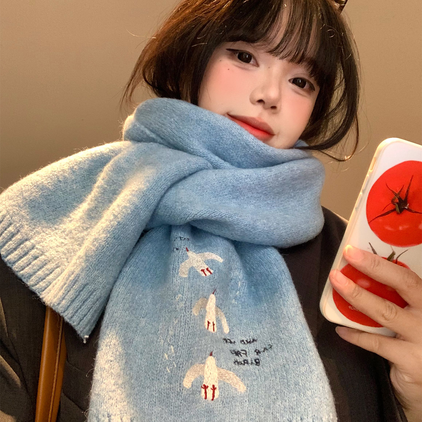 韩版学院风小白鸽刺绣蓝色围巾女
