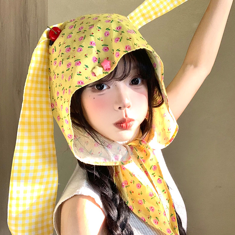 可爱樱桃碎花兔耳朵绑带头巾帽子