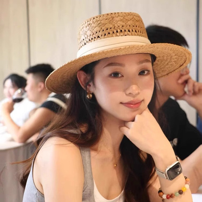 老钱风镂空平顶草帽女夏海边沙滩