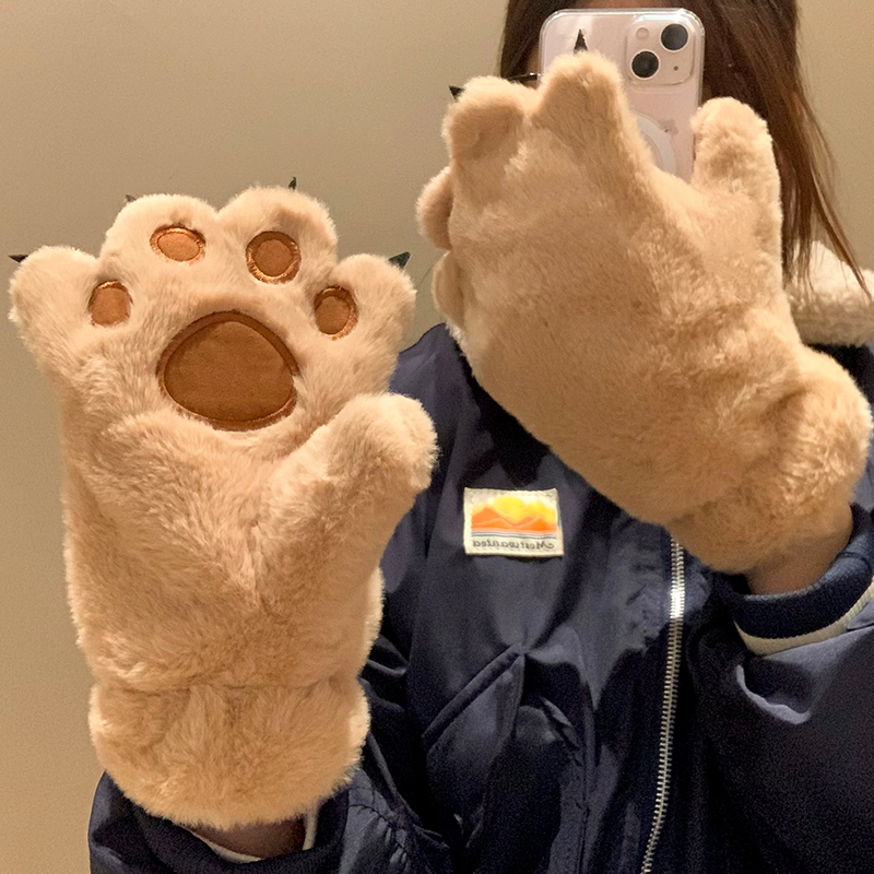 卡通可爱熊掌连指毛绒手套