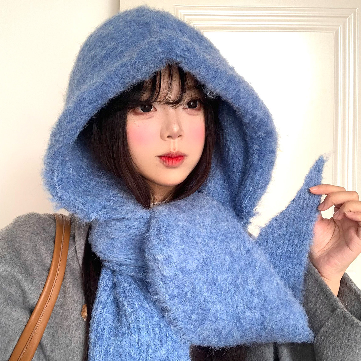 蓝色针织帽子围巾一体女秋冬季保暖防寒巴拉克拉法帽护耳毛线帽子