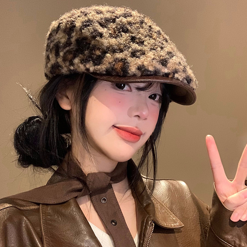 复古豹纹贝雷帽女秋冬季