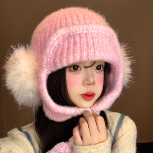 粉色毛绒针织雷锋帽女秋冬季甜美显脸小保暖毛线帽大头围护耳帽子