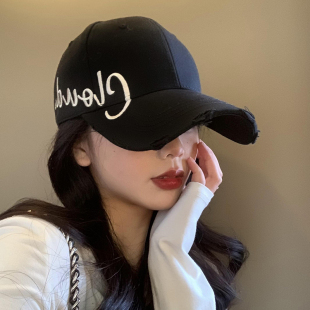 黑色硬顶棒球帽女2024新款 大头围黑色鸭舌帽字母宽帽檐显脸小帽子
