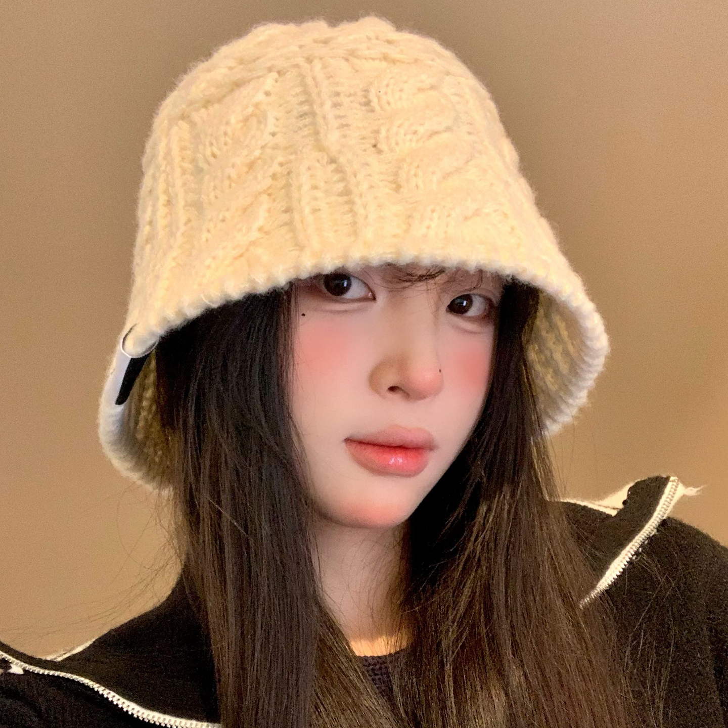 麻花针织渔夫帽女秋冬季韩版百搭显脸小水桶帽时尚大头围素颜帽子