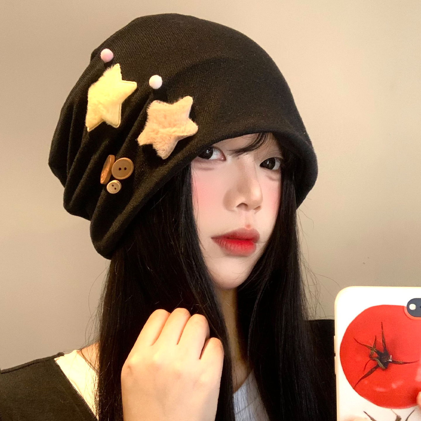 星星纽扣堆堆帽女春秋日系大头围百搭黑色包头帽子显脸小套头冷帽