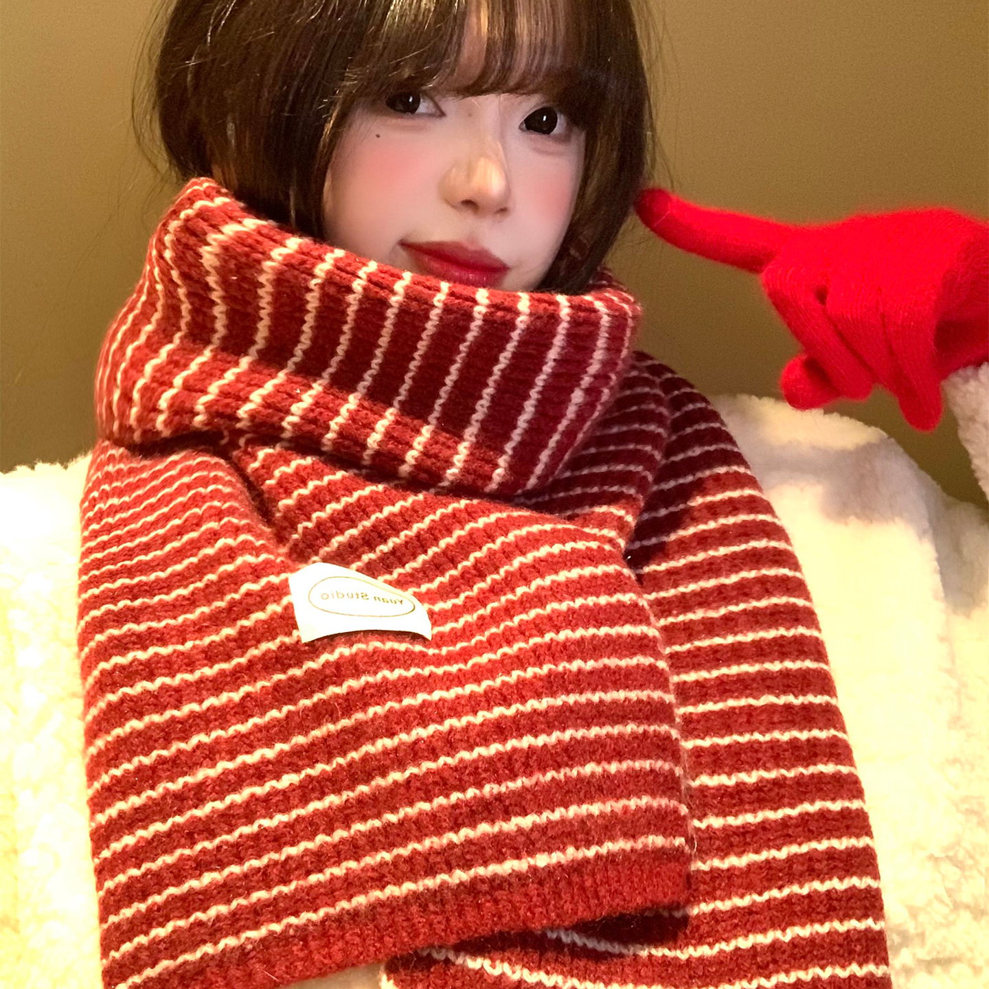 红色条纹针织围巾女冬韩系氛围感