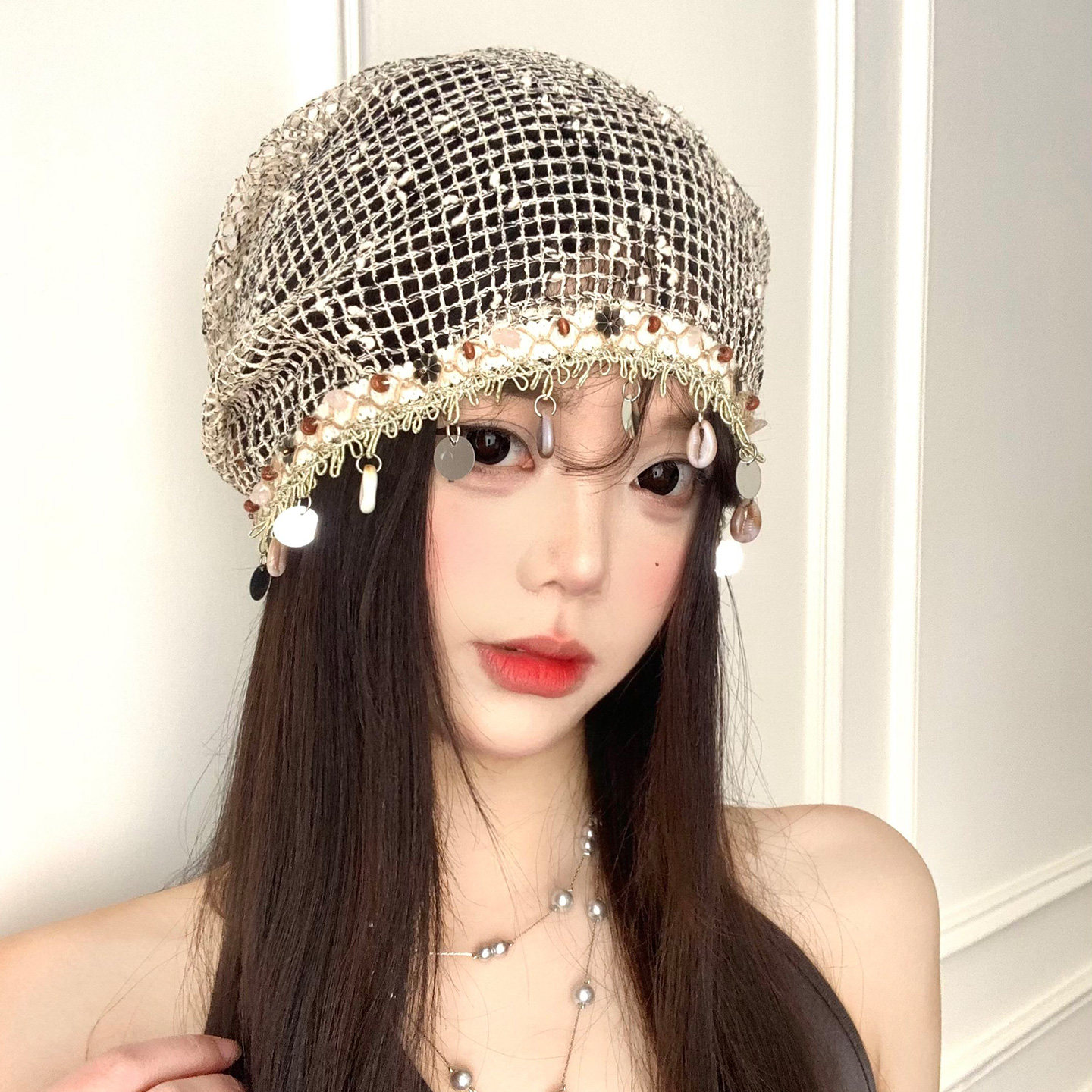波西米亚风贝壳堆堆帽女春夏薄款显脸小镂空透气时尚冷帽包头帽子