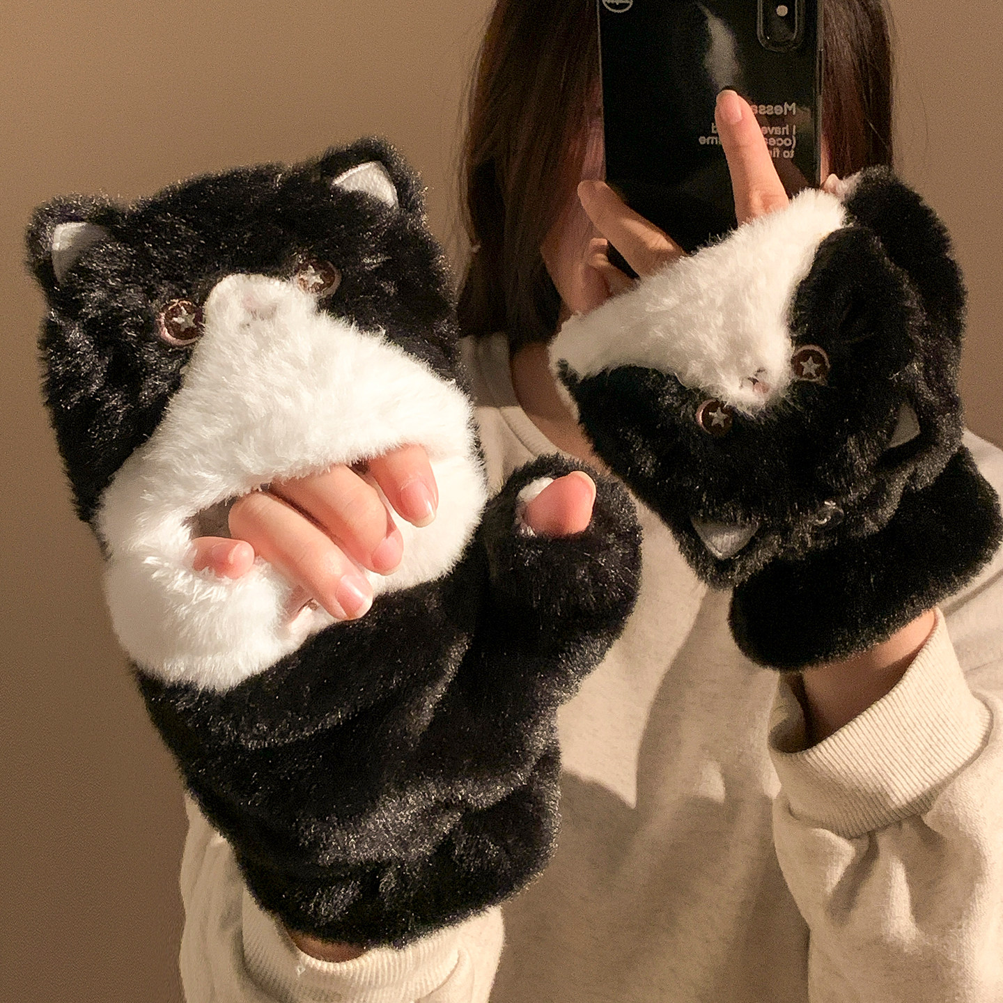可爱黑猫咪翻盖毛绒手套加绒加厚