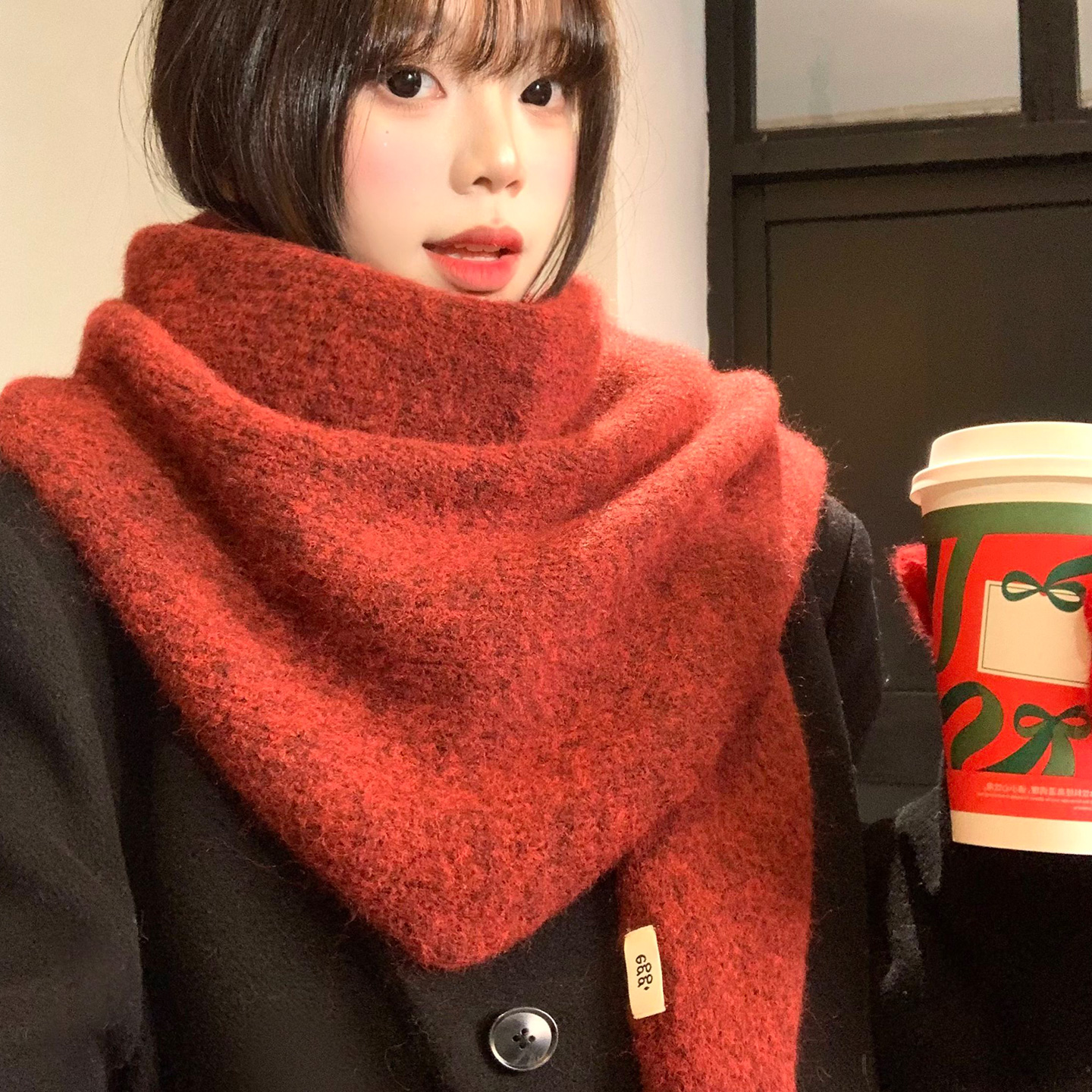 高级感红色针织披肩女秋冬季法式