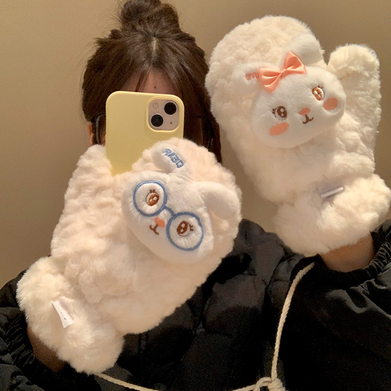 可爱兔子毛绒连指手套女秋冬季