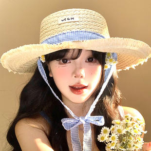 蓝色格纹绑带草帽女夏季 海边拍照度假百搭遮阳防晒沙滩帽 2025新款