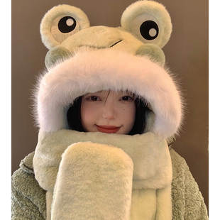 可爱青蛙帽子围巾一体女冬季 骑车防寒加厚保暖围脖毛绒手套三件套