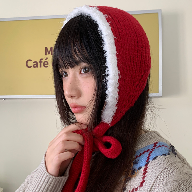 红色绑带针织毛线耳罩女款秋冬季百搭头巾防寒护耳保暖耳暖耳捂子