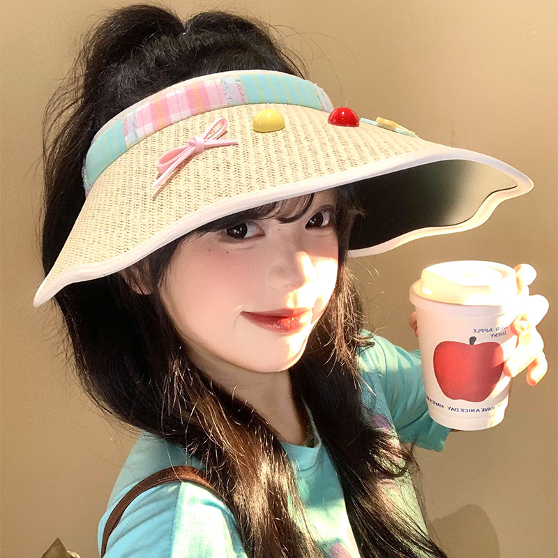 彩色蝴蝶结小狗空顶防晒帽女春夏季防紫外线遮阳帽大帽檐太阳帽子
